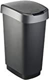 Rotho Twist - Cubo de Basura de 50 L con Tapa, Puede Ser Usado Como Tapa Abatible o con Bisagras, Plástico (PP) sin BPA, Negro/Gris Plateado, 50 L (40.1 x 29.8 x 60.2 cm)