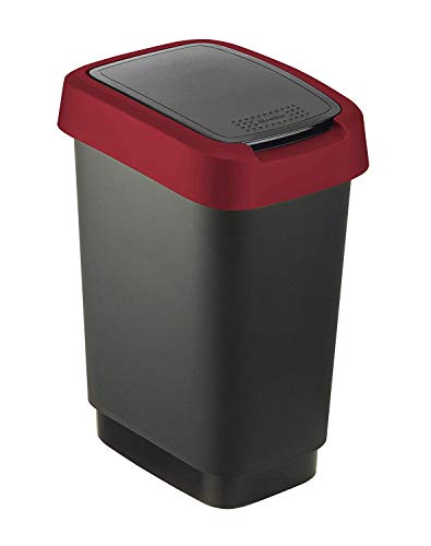 Rotho Twist Cubo de basura de 10 litros con tapa, puede ser usado como tapa abatible o con bisagras, Plástico (PP) sin BPA, negro/rojo, 10l (24.8 x 18.1 x 33.0 cm)