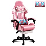 Soontrans Silla Gaming Silla Gamer con Masajeador, con Reposapiés Reposacabeza, Ergonómica, Cojín Lumbar de Masaje, Silla Gaming para Trabajo Livesteam Youtube Playstation (Rosa)