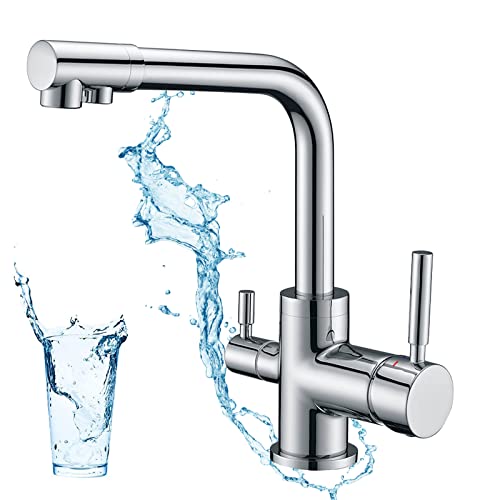 HOMELODY Grifo doble giratorio 360¡ã, 3 v¨ªas, grifo mezclador 3 en 1, filtro de agua, sistema de filtrado para fregadero de cocina, grifo para ¨®smosis