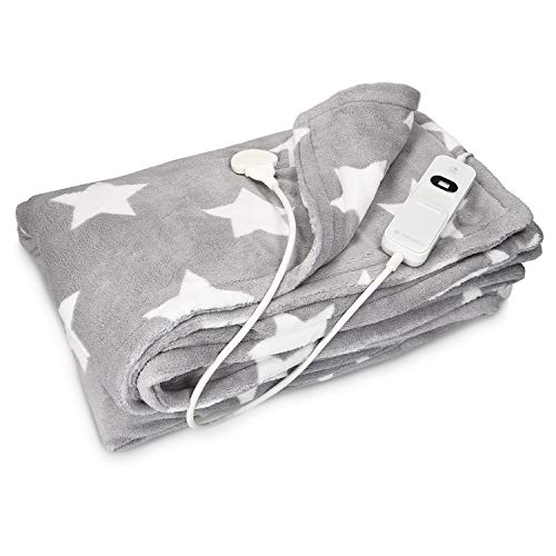 Navaris Manta eléctrica con termostato - Colcha XXL lavable 180 x 130 CM - Manta térmica con regulador de temperatura 3 niveles - Gris con estrellas