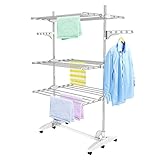 Todeco - Estante para Secado de Ropa, Tendedero - Material: Tubos de acero inoxidable - Carga máxima: 3 kg por barra de soporte - 3 estantes, Blanco, con alas