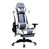 WOLTU Silla Gaming Racing Silla de Escritorio Ergonómica con Reposapiés y Almohada Lumbar, Altura Ajustable del Asiento y Reposabrazos,Gris+Blanco BS14grw