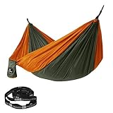 SONGMICS Hamaca de Camping, 275 x 140 cm, 300 kg Capacidad de Carga, Probado por el TÜV, con Correas Multi-Lazos y Mosquetones, Ligera, Secado Rápido, Transpirable, Verde Ejército y Naranja GDC14AO