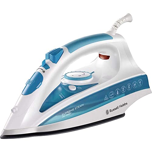 Russell Hobbs Plancha de Ropa Steam Glide Professional - 2600 W, Suela de Cerámica, Golpe de Vapor 210g, Función de Autolimpieza, Blanco y Azul - 20562-56
