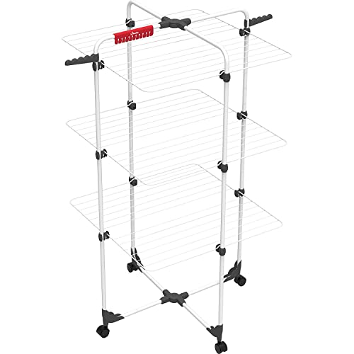 Vileda Mixer 3 - Tendedero vertical de torre de acero, 30 metros de espacio de tendido, 3 rejillas, soporte para ropa pequeña y perchas, color blanco, dimensiones abierto 137 x 71 x 71 cm
