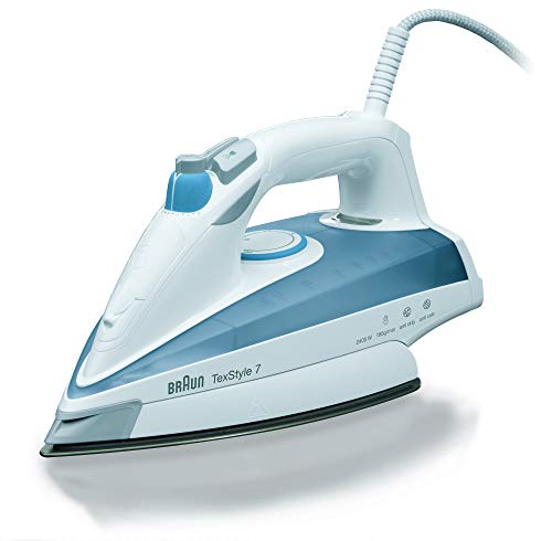 Braun Texstyle 7 TS725 - Plancha para la Ropa de Vapor de 2400W, Suela Eloxal, Golpe de Vapor de 180gr/min, Depósito de 400ml, Sistema Antigoteo, Vapor Vertical, Color Blanco y Azul