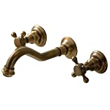 Dos manija montaje en pared latón antiguo baño fregadero grifo bañera mezclador grifo curva larga caño recipiente fregadero bañera romano bar grifos