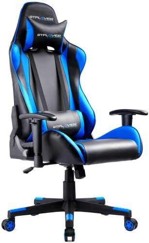 GTPLAYER Silla Gaming Escritorio Oficina Cuero Ordenador Gamer Silla Asiento Engrosado Ergonomica con Cojín Reposabrazos 2D Ajustables Respaldo Reclinable (Negro-Azúl)