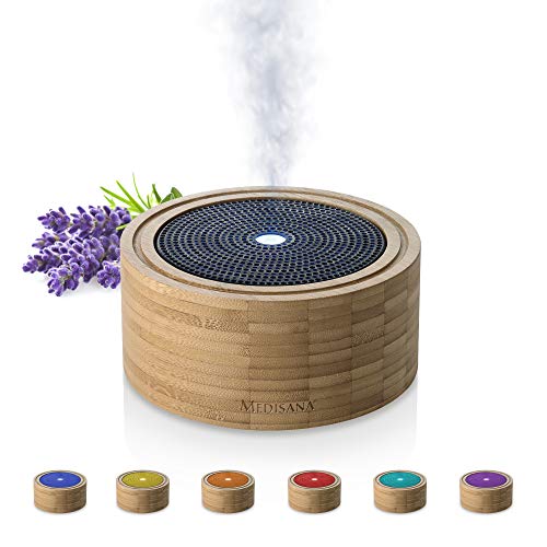 medisana | AD 625 | Difusor de aromas | Bambú | Ambientador | Lámpara de fragancia con timer | Perfume de ambiente eléctrico sin cable | Aceites de fragancia | Luz de bienestar en 6 colores | 100 ml