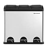 SONGMICS Cubo de Reciclaje 54L, Cubo de Basura, Cubo de Pedal de Acero con 3 Secciones, Cubos Internos, 6 Etiquetas de Clasificación, para una Fácil Separación de los Residuos, Plata y Negro LTB54L