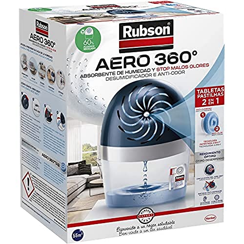Rubson AERO 360º Deshumidificador recargable sin cable, absorbe humedad, previene la condensación y los malos olores, antihumedad absorbente, dispositivo y tableta (450 g)