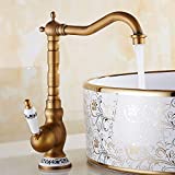 Grifo Lavabo Vintage Retro Estilo Antiguo,Latón Antiguo Cascada,Grifo de Lavabo Baño Cocina Alto-caño Giratorio, Grifo Del Fregadero Baño Cocina Cerámica,Solo Agujero Grifo De Mezclador De Baño